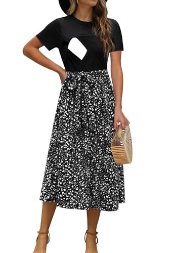 Image of CzzzyL Women Nursing Dress Short Sleeve Floral Patchwork Ribbed Pregnancy Tie Waist Work Outfits Summer