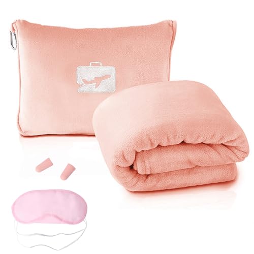 Veebmys 2 In 1 Reisedecke mit Kissen für Flugzeug und Auto 60x50 Zoll aus Weichem Wärmendem Material mit Ohrstöpseln und Schlafmaske Ideal für Camping Reisen und als Geschenk (Rosa)