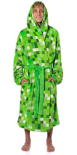 Image of Bioworld Minecraft Men's Pixelated Creeper Soft Fleece Hooded Dressing Gown Bathrobe, Green, One size