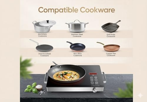 Image of Infrared 2500W Electric Cooktop | Glass Top with Feather Touch Controls, 3 Preset Menus & Stainless Steel BBQ Accessories