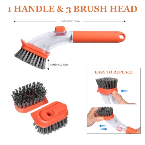 Image of Dish Brushes with Soap Dispenser with Handle-Kitchen Scrubber Brushed-1*Handle & 3*Brush Head(Orange)