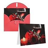 SDTYKHJ Grußkarte mit Umschlägen, 10,2 x 15,2 cm, blanko, Notizkarten, rote Rose, Weinglas und Kerze, Geburtstagskarte, lustige Postkarten für Geburtstag, Hochzeit, Einladungen