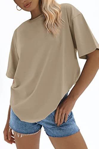 Athmile Womens Oversized T Shirts Loose Fit Crewneck Short Sleeve Tops Summer Casual Blouse 2023 Y2K Basic Tee Khaki #TOP2