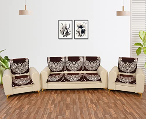 Image of Sky Blue 5 Seater Sofa Cover (3+1+1) with Complete Cover Set - Soft Stretch Fabric, Couch Protector Heavy Fabric Sofa Slip Protector (Coffee Brown)