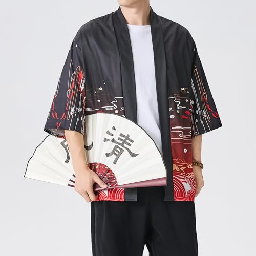 Image of PRIJOUHE Men's Lightweight Kimono Jacket Seven Sleeve Open Front Cardigan Coat Japanese Style Bathrobe