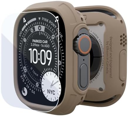 elkson Compatible with Apple Watch Ultra Bumper Case 49mm Screen Protector Tempered Glass, Quattro Max Series Rugged for iWatch, Military Grade Durable Protective Cover, Flexible Shock Proof, Tan