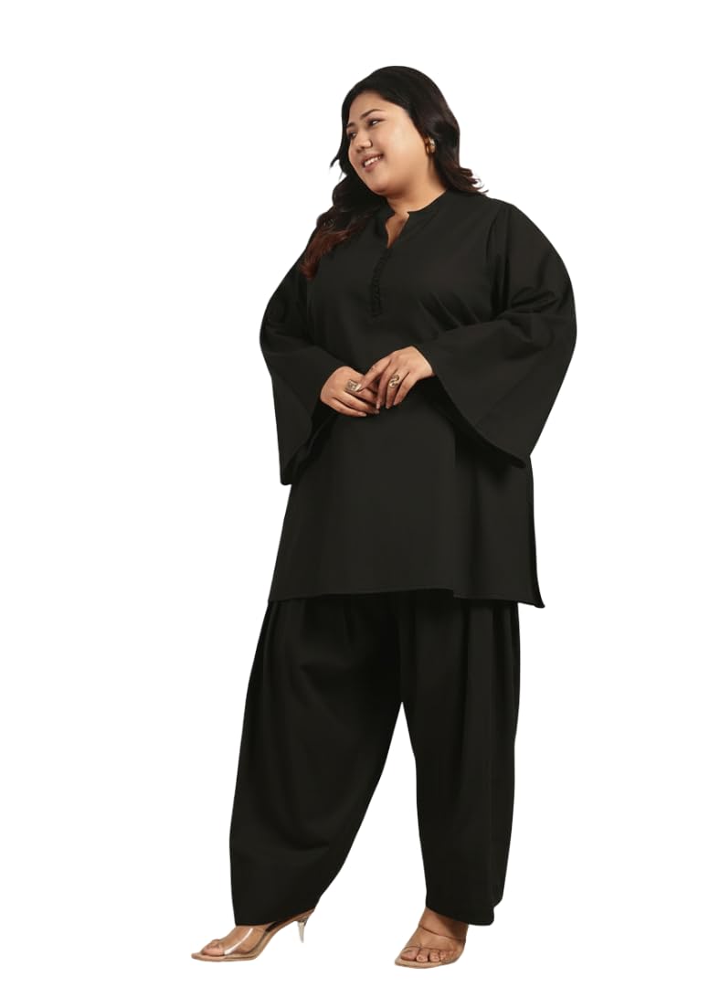Women's Solid Cotton Flex Kurta with Ankle Length Salwar Pant Co-Ord Set|Bell Sleeve|Mandarin Collar|Long Dresses for Woman Two Piece|Traditional Party Casual Wear (Black)-image-14