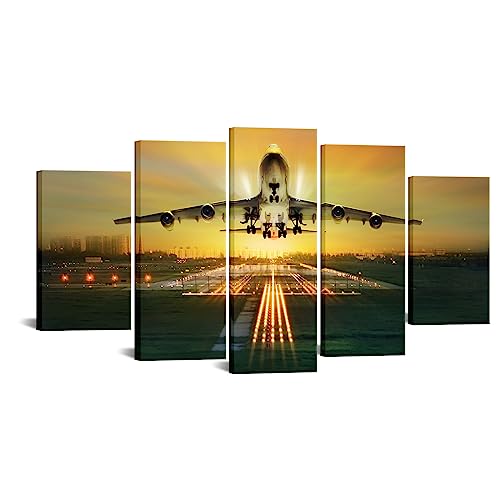 VVOVV Wall Decor 5 Piece Canvas Wall Art Airplane Wall Art Beautiful Airport Night Landscape Airplane Decor Picture,Framed Ready to Hang