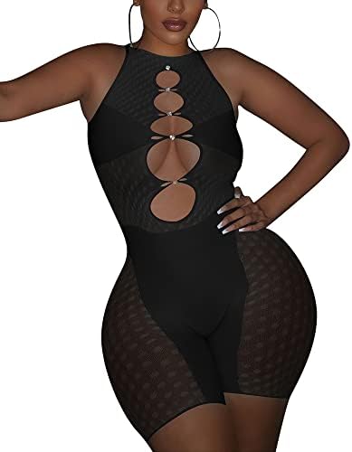 GPINE Round Neck Women Seamless Sleeveless Jumpsuit Mesh Sexy Shorts Glitter Rhinestone Super Stretch Bodycon Rompers Black S-3XL Fit for any Body