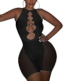 GPINE Round Neck Women Seamless Sleeveless Jumpsuit Mesh Sexy Shorts Glitter Rhinestone Super Stretc