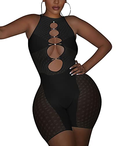 Gpine Round Neck Women Seamless Sleeveless Jumpsuit Mesh Sexy Shorts Glitter Rhinestone Super Stretch Bodycon Rompers Black S-3Xl Fit For Any Body #TOP1