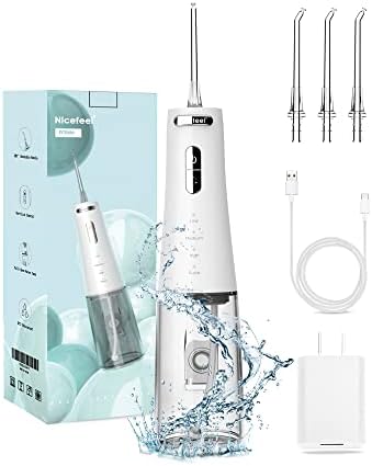 Nicefeel Water Flosser, Cordless Portable Dental Cleaner with 300ml Water Tank, 4 Adjustable Modes & 4 Jet Tips, Type-C Rechargeable Waterproof IPX7 Oral Irrigator for Home & Travel, White