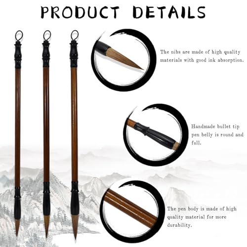 Bagentry 3 Pcs Traditional Wolf Hair Chinese Calligraphy Brushes, 3 Size Sumi Brushes for Ink Painting Writing Drawing, Art Chinese Ink Brush for Beginner Professional Practice (S, M & L)
