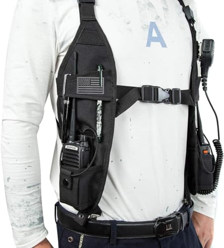 Radio Shoulder Harness Holster Chest Holder Universal Vest Rig for Police Firefighter Two Way Radio Search Rescue Essentials with American Flag Patch