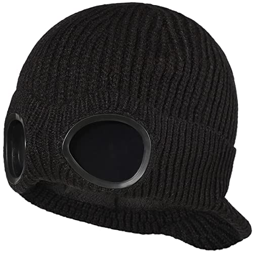 Yixda Unisex Goggles Winter Hats Peaked Ski Hat Warm Thick Fleece Lined Knit Beanie Cap (Black)
