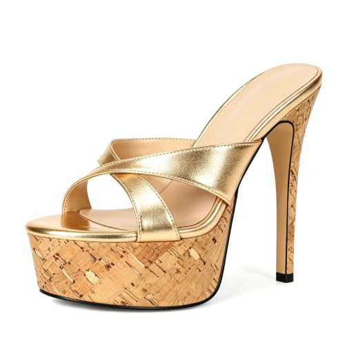 Image of Esvowido Heeled Mules for Women Cork Platform Stiletto Heels Slip on Open Toe High Heeled Sandals Crisscross Slippers Pumps Shoes