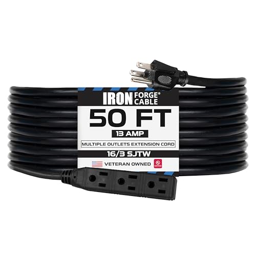 Iron Forge Cable 3 Outlet Power Strip Outdoor Extension Cord 50 ft, 16/3 Weatherproof Heavy Duty Black Extension Cord with Multiple Outlets 3 Prong