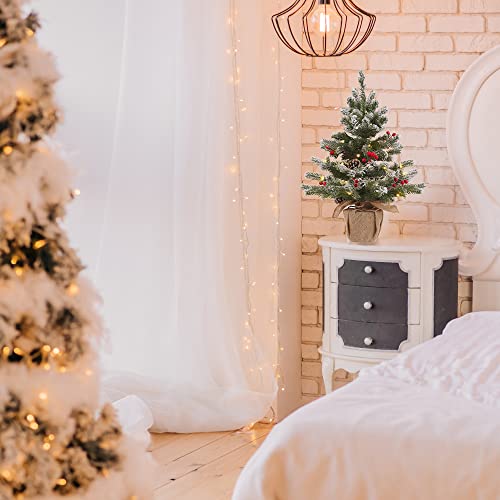 Mini árvore de Natal com neve pré-iluminada de 61 cm, árvore de Natal pequena de mesa com 20 luzes d