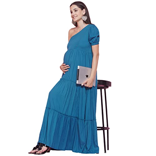 Image of Mine4Nine Women's Maternity Solid Teal Blue Color Maxi Baby Shower Dress