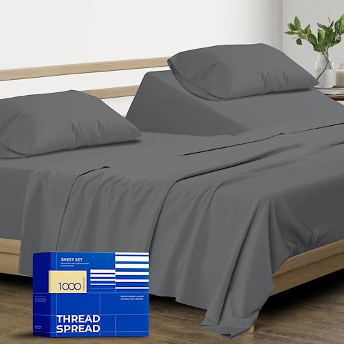 THREAD SPREAD 100% Pure Egyptian Cotton Split King Sheets Sets for Adjustable Bed - 1000 Thread Count 5 PC Top Split King Sheet for Sleep Number Bed, Cooling Sheets, Fits Mattress upto 18