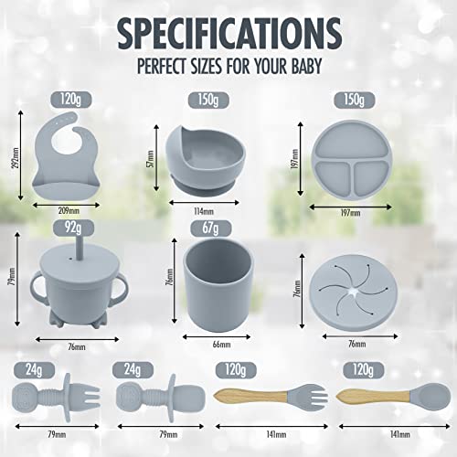 Blue Gray-10 Piece Silicone Baby Feeding Set-Baby Led Weaning Supplies-Baby Eating Supplies, Baby Plates/Toddler Plates, Bib, Sippy Cup, Baby Spoons First Stage 4 Months, And Infant Silicone Fork #TOP4