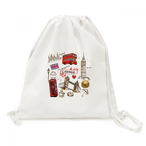 Sac à dos en toile avec cordon motif bus voiture UK vintage