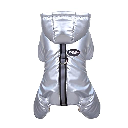 Izefia Dog Coat Windproof Jacket Cold Weather Coats 4 Legs Warm Jumpsuit Winter Thick Clothes Snow Proof Cotton Coat for Small Dog Medium Cat Silver M