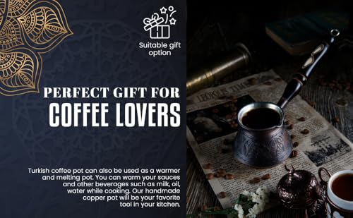 Image of DEMMEX 15 oz Large Copper Turkish Coffee Pot Cezve Ibrik Greek Coffee Briki Stovetop Coffee Maker with Wooden Handle & Spoon, 1mm Thick Copper, Handmade & Engraved in TURKEY, 6 Servings