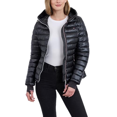 Tommy Hilfiger レディース パファージャケット、フード&バッグ付き軽量パッカブルジャケット、ブラック、XLの商品画像（Amazon）