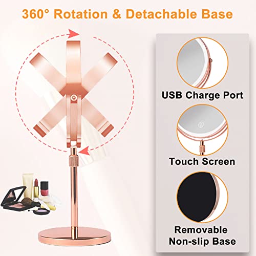 Lighted Magnifying Makeup Mirror With Lights,Height Adjustable,1X/10X Rechargeable Magnified Vanity Mirror With 3 Color Lights,360° Rotation Light Up Mirror And Double Sided Cosmetic Mirror,Rose Gold #TOP6