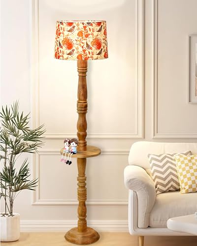 Image of HomesakeRustic Wood Floor Lamp for Living Room Walnut Brown with Multicolor Lamp Shade | Light Decor for Home Corner Lamp for Living Room & Bedroom | Antique Standing Lamp, Tray End Table, Bird