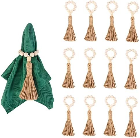 Wood Bead Napkin Rings - KLOGTSIND Set of 12 Natural Wooden Beads Napkin Holders with Tassels Elastic, Boho Napkin Buckles for Farmhouse Wedding Party Home Table Decoration