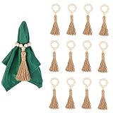 Wood Bead Napkin Rings - KLOGTSIND Set of 12 Natural Wooden Beads Napkin Holders with Tassels Elasti