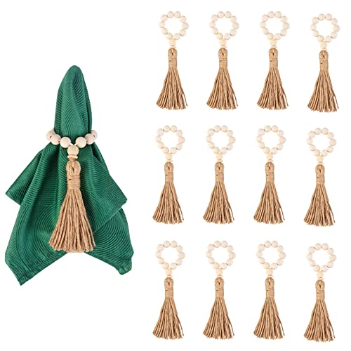 Wood Bead Napkin Rings - Klogtsind Set Of 12 Natural Wooden Beads Napkin Holders With Tassels Elastic, Boho Napkin Buckles For Farmhouse Wedding Party Home Table Decoration #TOP4