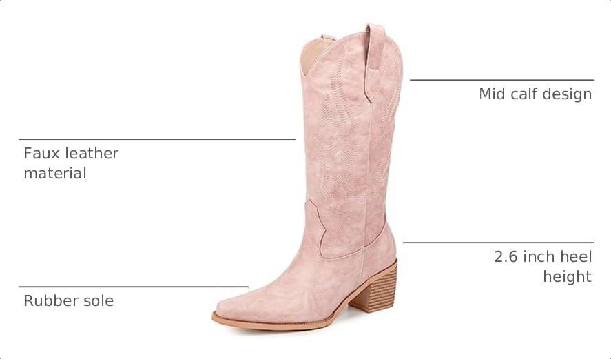 Image of Pasuot Cowboy Boots for Women - Cowgirl Western Mid Calf Boots with Embroidery, Pointed Toe Retro Chunky Heel Slip On Fashion Classic Short Boots Pull On for Ladies Summer Fall