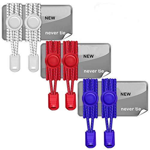 YXQSED [3 Pares] sin Corbata Cordones de Zapatos para niños y Adultos Cordones Elásticos para Zapatillas,Canwn Reflectante Cordones de Zapatos Bloqueo para Ancianos (White-Red-Blue) Cover