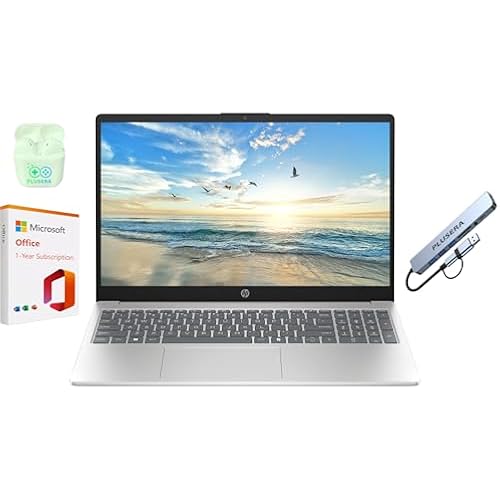 HP 15.6" Business & Home Laptop Computer with 1-Year Microsoft Office 365 Included, 16GB RAM 128GB SSD, Quad-Cores Intel, Windows 11, PLUSERA Earphones & 8-in-1 Hub, Natural Silver