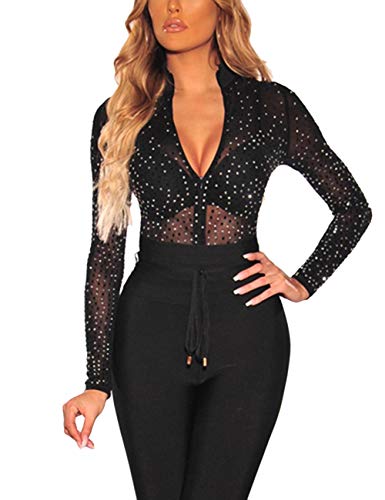 Lrady Women's Sheer Silver Rhinestone Studded Mock Neck Zipper Bodysuit Body Tops Black #TOP2