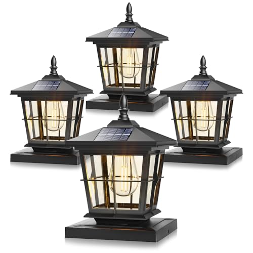 NIORSUN Solar Post Lights Outdoor, Fence Post Solar Lights with 3 Color Temperatures, Edison LED Bulbs Garden Patio Fence Deck Decor, 4x4 Posts Caps, 4x4, 5x5 Wooden & Vinyl (4 Pack,Black) by NIORSUN - Used condition - US$49.04