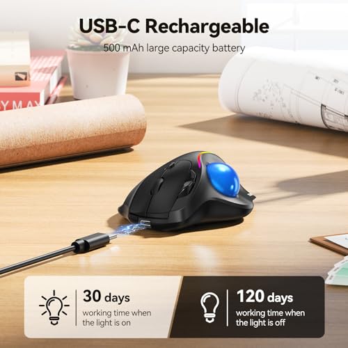 TECKNET Pro Wireless Trackball Mouse, Bluetooth Mouse with Ergonomic Thumb Control, USB-C Rechargeable, RGB Light Mice with Adjustable DPI, 3-Device Connectivity (BT or 2.4G),for PC/Mac/Laptop - Black - Thumbnail 5