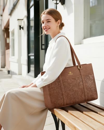 Image of LOVEVOOK Lunch Bag for Women, Leather Work Laptop Tote Bag with Insulated Lunch Compartment&Cup Holder, 15.6 Inch 2 in 1 Lunch Tote for Business, Teacher, Nurse, Office, College, Casual