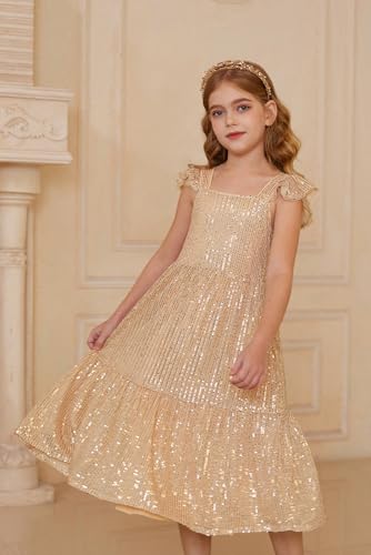 GRACE KARIN Girls Sequin Dress Flutter Sleeve A-Line Tie Back Sparkly Formal Party Dress for Girl 5-12Y3