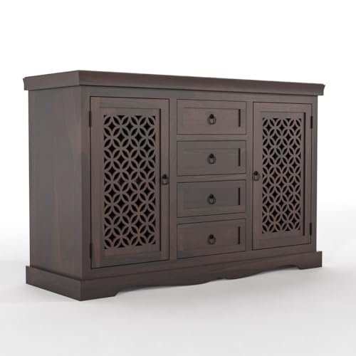 Image of Solid Sheesham Wood Sideboard and Cabinets | Wooden Side Board Media Console Tv Cabinet for Living Room | Free Standing Cabinet with 4 Drawers & 2 Door Cabinet Storage | Walnut Finish