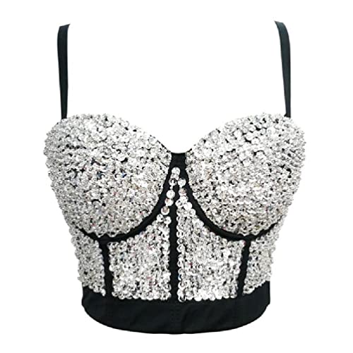 HOTPINK1 Frauen Glitzer Pailletten Perlen Bustier BH Rave Festival Schmuck Push Up Korsett Leibchen Nachtclub Bralette Spaghetti Strap Sling Weste Crop Top Bustier BHS für Frauen trägerloses Korsett Cover
