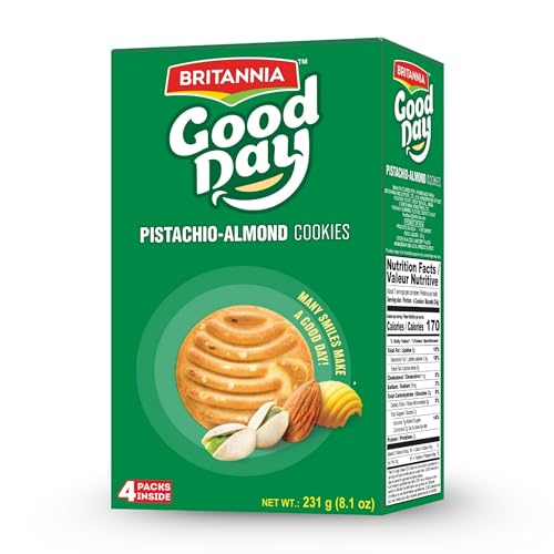 Britannia Good Day Pistachio Almond Cookies Each Nutty & Crunchy Tea-Time Snack Perfect for Breakfast or Anytime Treat 8.1oz (231g)