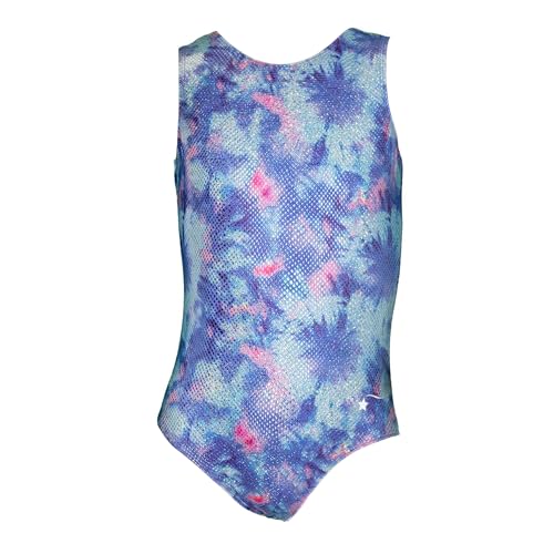 Destira Sparkle All The Way Patriotic Gymnastic Leotard, Red White Blue Tie-Dye, Matching Scrunchie Included Child S (6x)