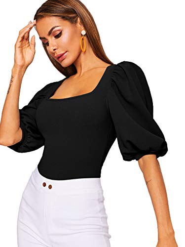 Romwe Women's Casual Puff Sleeve Square Neck Slim Fit Crop Tee Tops Black Us 8/Medium #TOP1