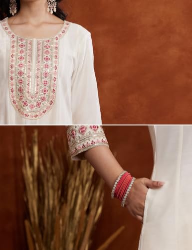 Image of Amazon Brand - Myx Women's Embroidered Anarkali Kurta Suit Set with Organza Dupatta | A-Line Fit (Available in Plus Sizes)