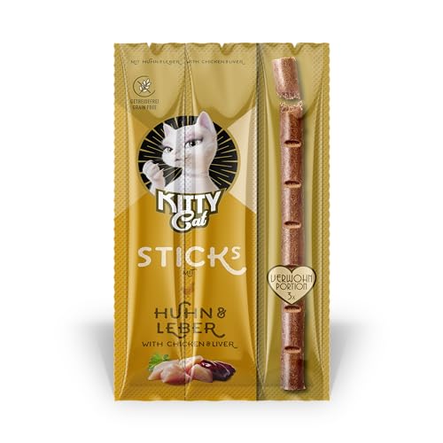KITTY Cat Sticks Huhn & Leber, 24 x 15 g (Großpackung), softe Leckerlis für Katzen, getreidefreier Snack mit hohem Fleischanteil und Taurin, 3 Sticks à 5 g pro Packung