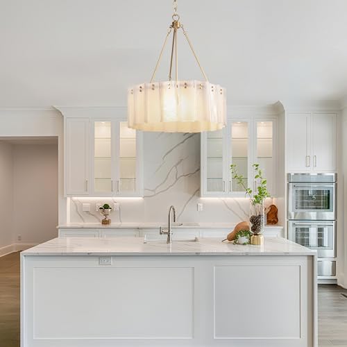 Obihivlo Gold Milk Glass Chandeliers for Dining Room, D24'' Modern Drum Crystal Chandelier, 6-Light Round Farmhouse Ceiling Pendant Lighting Fixture for Living Room Kitchen Island Foyer Bedroom (E26) by Obihivlo - Used condition - Image 9